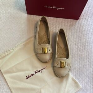 Salvatore Ferragamo Beige Flats with Gold Buckle